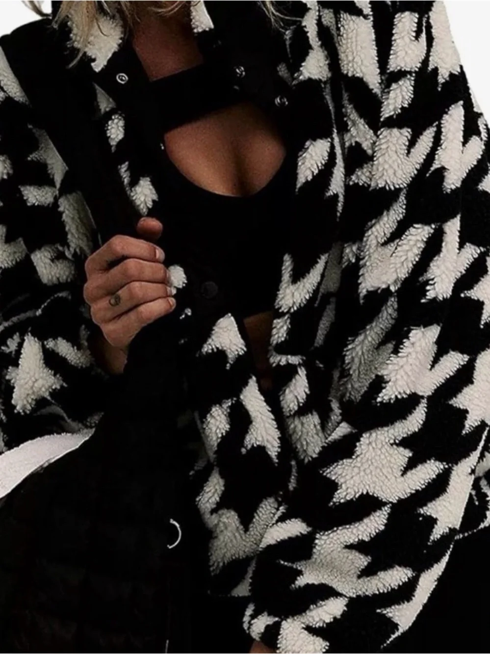 Free People Hit The Slopes Printed Fleece Jacket Houndstooth M